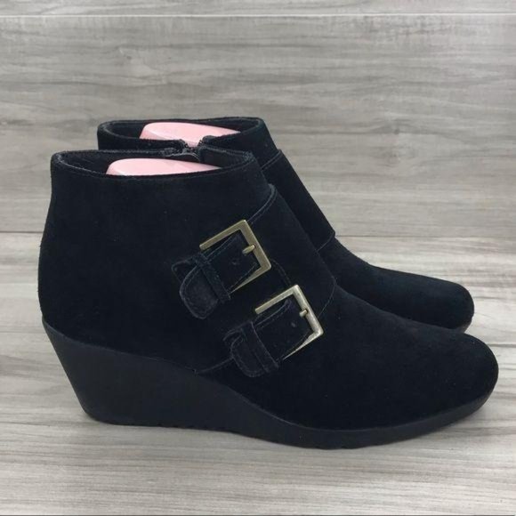 Munro Shoes - Munro “Drew” Black Suede Monk Strap Wedge Booties Women's Size 7.5M